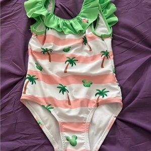 Disney’s Minnie Mouse Green and Pink Stripe Ruffled One Piece Girl’s Swimsuit